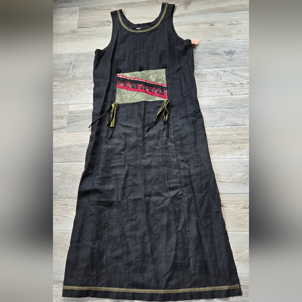 Black Sleeveless Linen Maxi Dress with Decorative Pocket L-XL